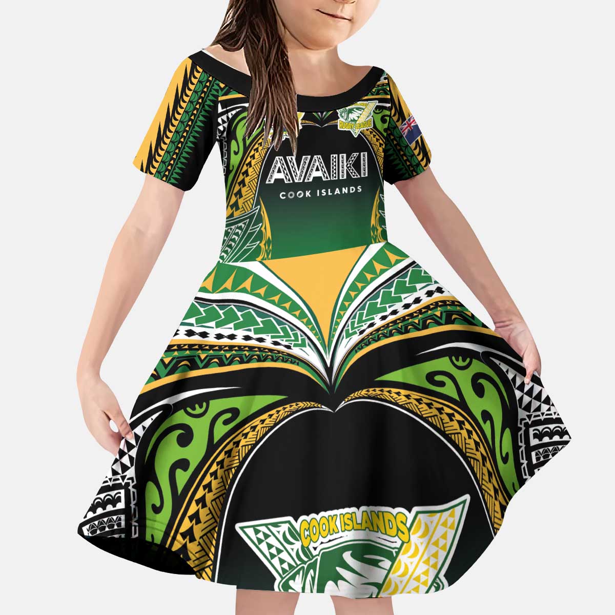 Custom Cook Islands Rugby League Kid Short Sleeve Dress Avaiki Tatau Tribal Motifs Black Color - Polynesian Pride