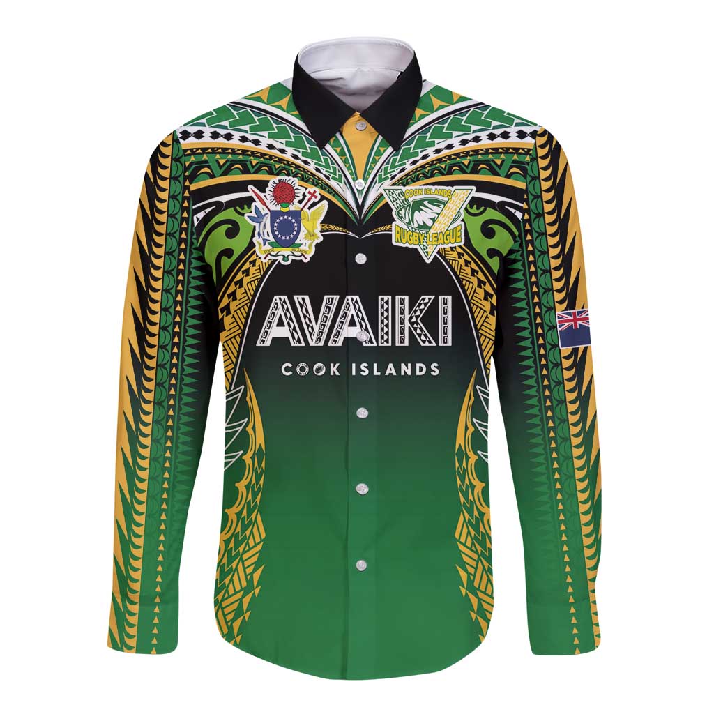 Custom Cook Islands Rugby League Long Sleeve Button Shirt Avaiki Tatau Tribal Motifs Black Color - Polynesian Pride