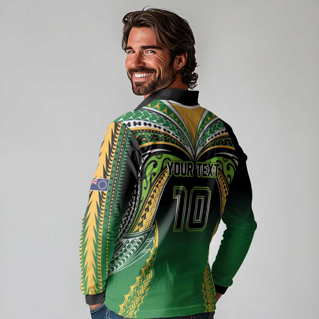 Custom Cook Islands Rugby League Long Sleeve Polo Shirt Avaiki Tatau Tribal Motifs Black Color LT03 - Polynesian Pride