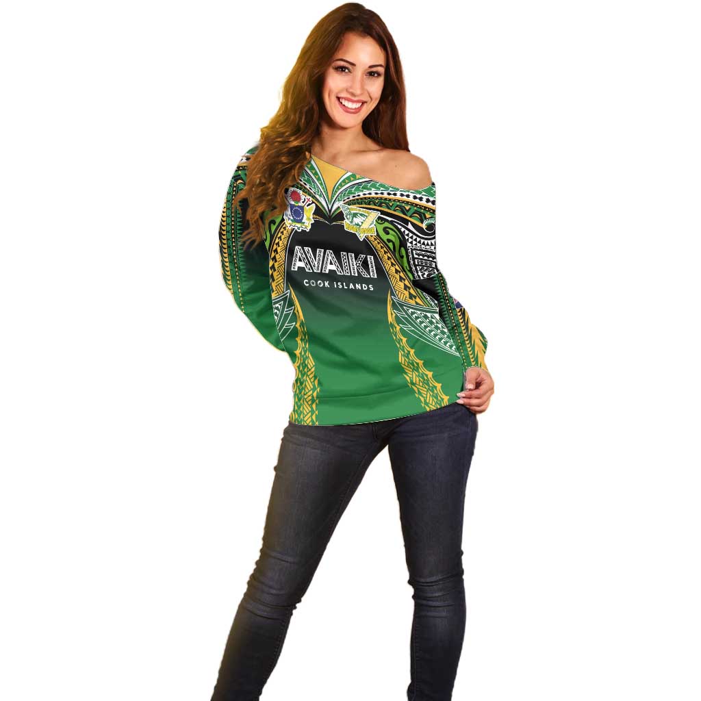 Custom Cook Islands Rugby League Off Shoulder Sweater Avaiki Tatau Tribal Motifs Black Color - Polynesian Pride