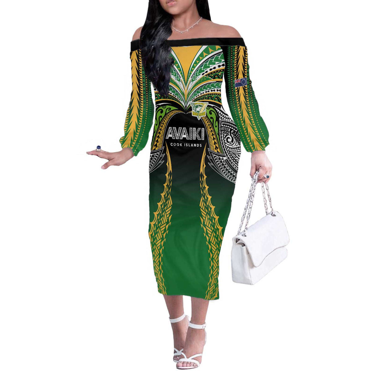 Custom Cook Islands Rugby League Off The Shoulder Long Sleeve Dress Avaiki Tatau Tribal Motifs Black Color LT03 Women Black - Polynesian Pride