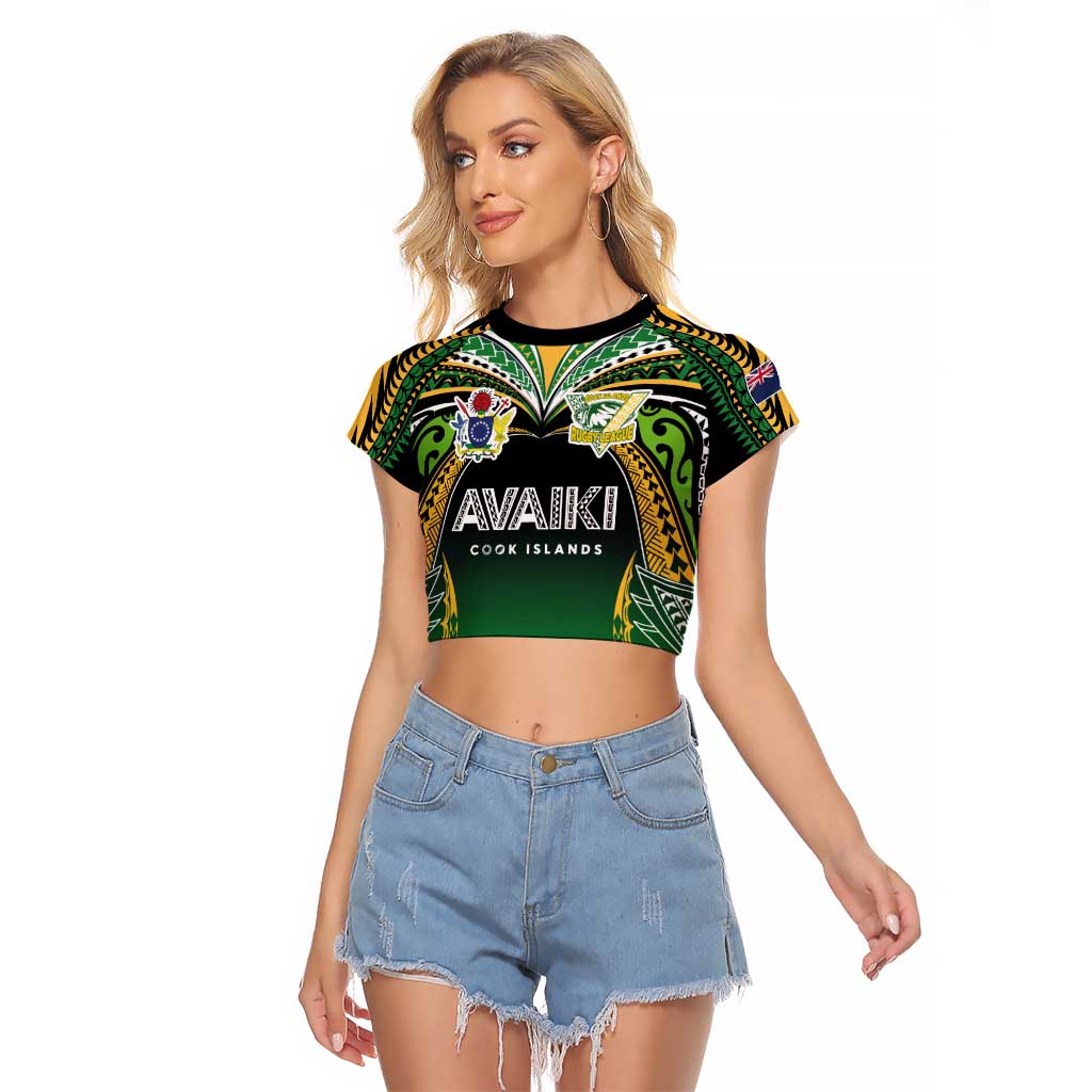 Custom Cook Islands Rugby League Raglan Cropped T Shirt Avaiki Tatau Tribal Motifs Black Color - Polynesian Pride