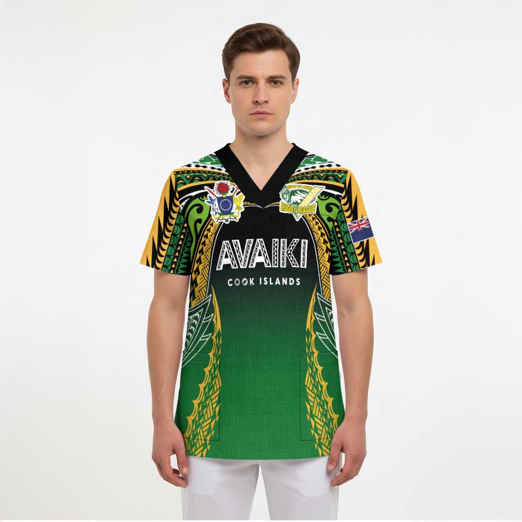 Custom Cook Islands Rugby League Scrub Top Avaiki Tatau Tribal Motifs Black Color LT03 - Polynesian Pride