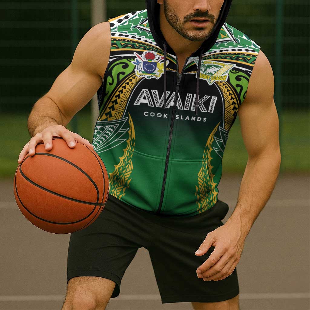 Custom Cook Islands Rugby League Sleeveless Zip Hoodie Avaiki Tatau Tribal Motifs Black Color LT03 - Polynesian Pride