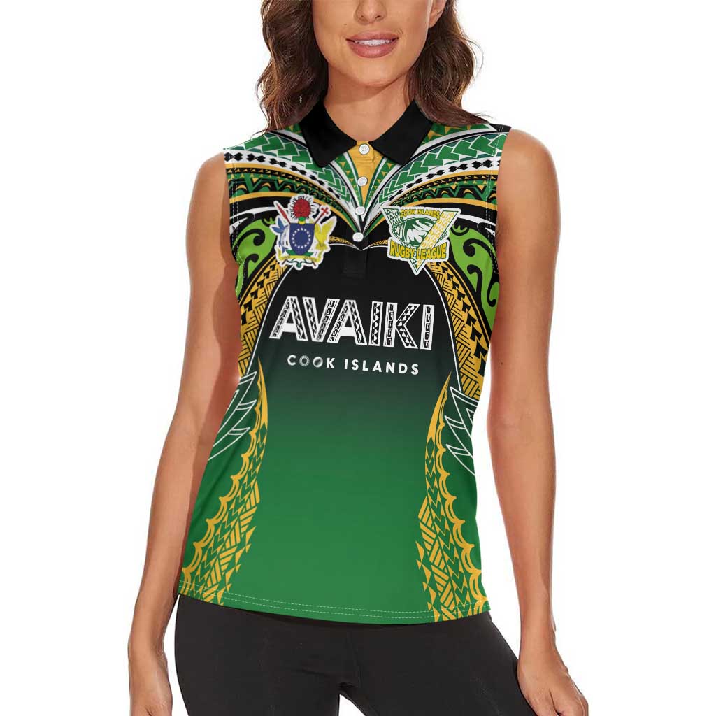 Custom Cook Islands Rugby League Women Sleeveless Polo Shirt Avaiki Tatau Tribal Motifs Black Color LT03 - Polynesian Pride