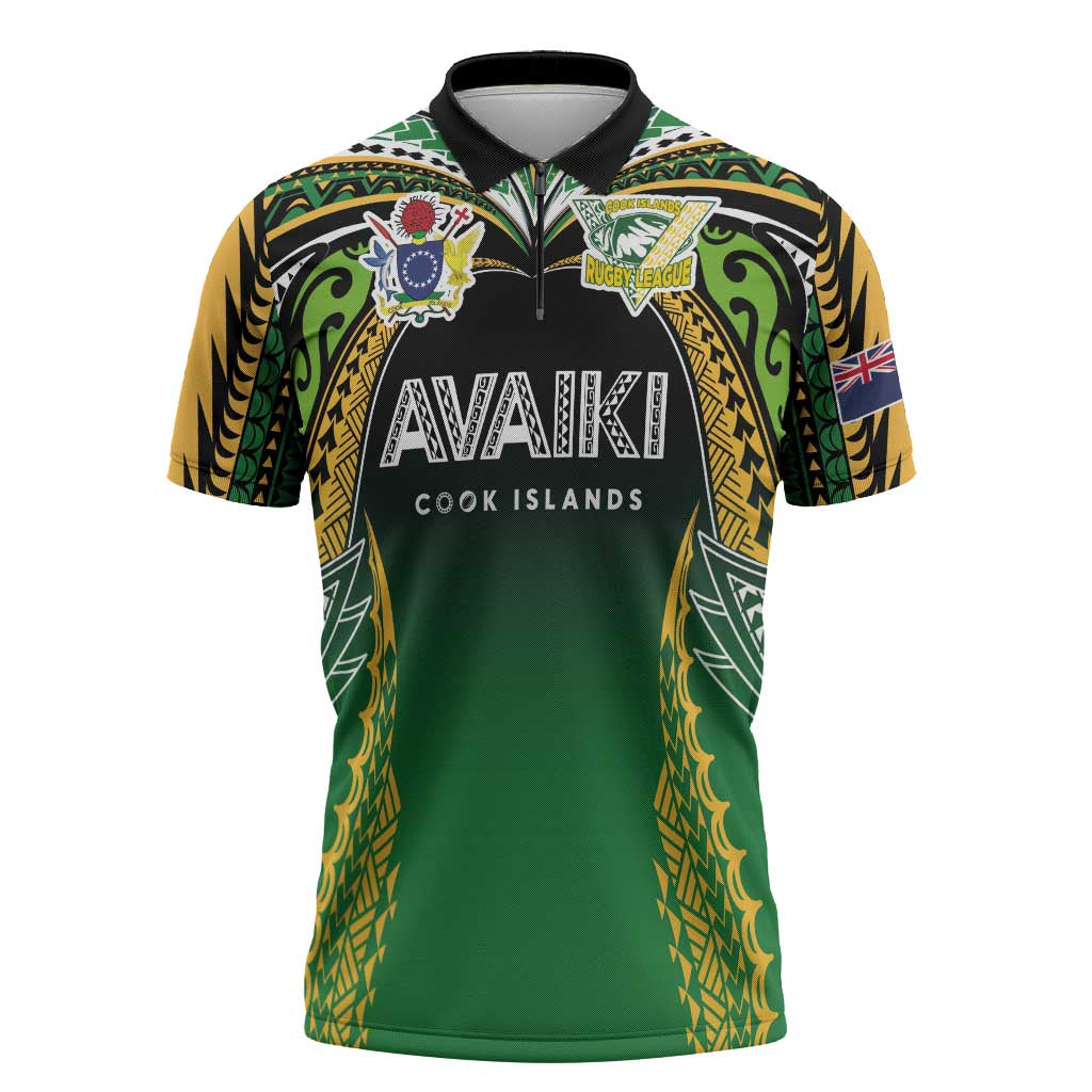 Custom Cook Islands Rugby League Zipper Polo Shirt Avaiki Tatau Tribal Motifs Black Color LT03 Black - Polynesian Pride