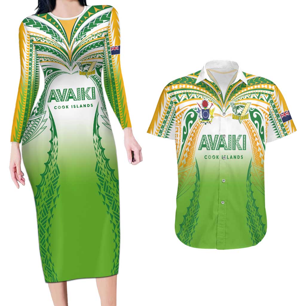 Custom Cook Islands Rugby League Couples Matching Long Sleeve Bodycon Dress and Hawaiian Shirt Avaiki Tatau Tribal Motifs White Color LT03 White - Polynesian Pride