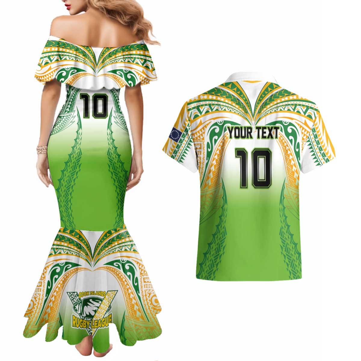 Custom Cook Islands Rugby League Couples Matching Mermaid Dress and Hawaiian Shirt Avaiki Tatau Tribal Motifs White Color LT03 - Polynesian Pride
