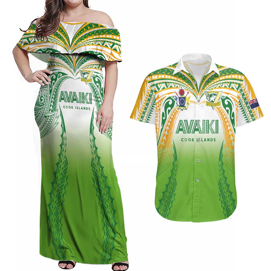 Custom Cook Islands Rugby League Couples Matching Off Shoulder Maxi Dress and Hawaiian Shirt Avaiki Tatau Tribal Motifs White Color LT03 White - Polynesian Pride