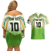 Custom Cook Islands Rugby League Couples Matching Off Shoulder Short Dress and Hawaiian Shirt Avaiki Tatau Tribal Motifs White Color LT03 - Polynesian Pride
