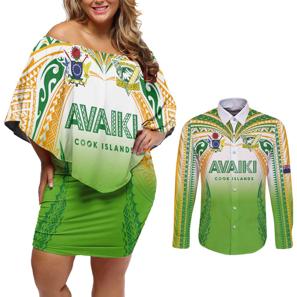 Custom Cook Islands Rugby League Couples Matching Off Shoulder Short Dress and Long Sleeve Button Shirt Avaiki Tatau Tribal Motifs White Color LT03 White - Polynesian Pride