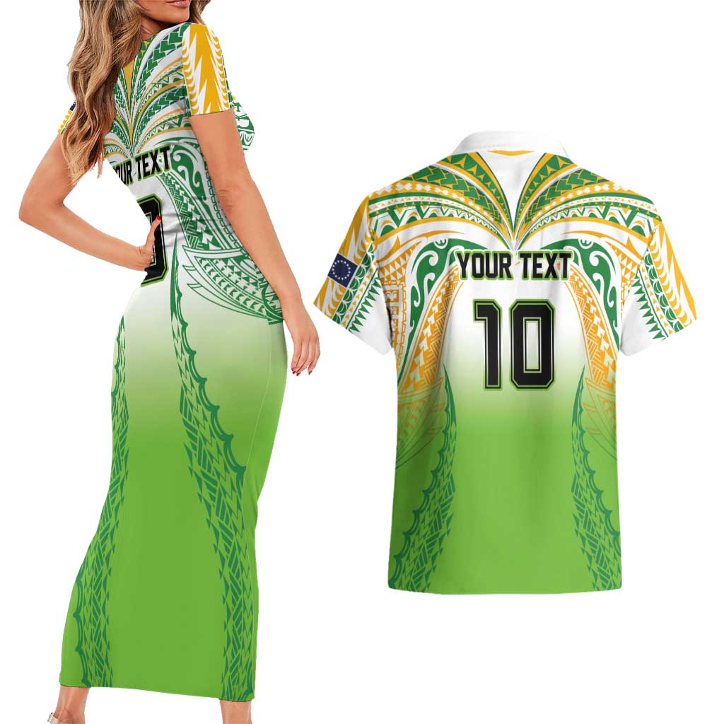 Custom Cook Islands Rugby League Couples Matching Short Sleeve Bodycon Dress and Hawaiian Shirt Avaiki Tatau Tribal Motifs White Color LT03 - Polynesian Pride