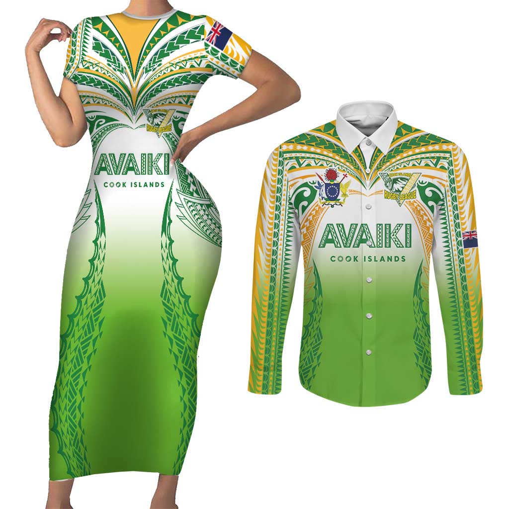 Custom Cook Islands Rugby League Couples Matching Short Sleeve Bodycon Dress and Long Sleeve Button Shirt Avaiki Tatau Tribal Motifs White Color - Polynesian Pride
