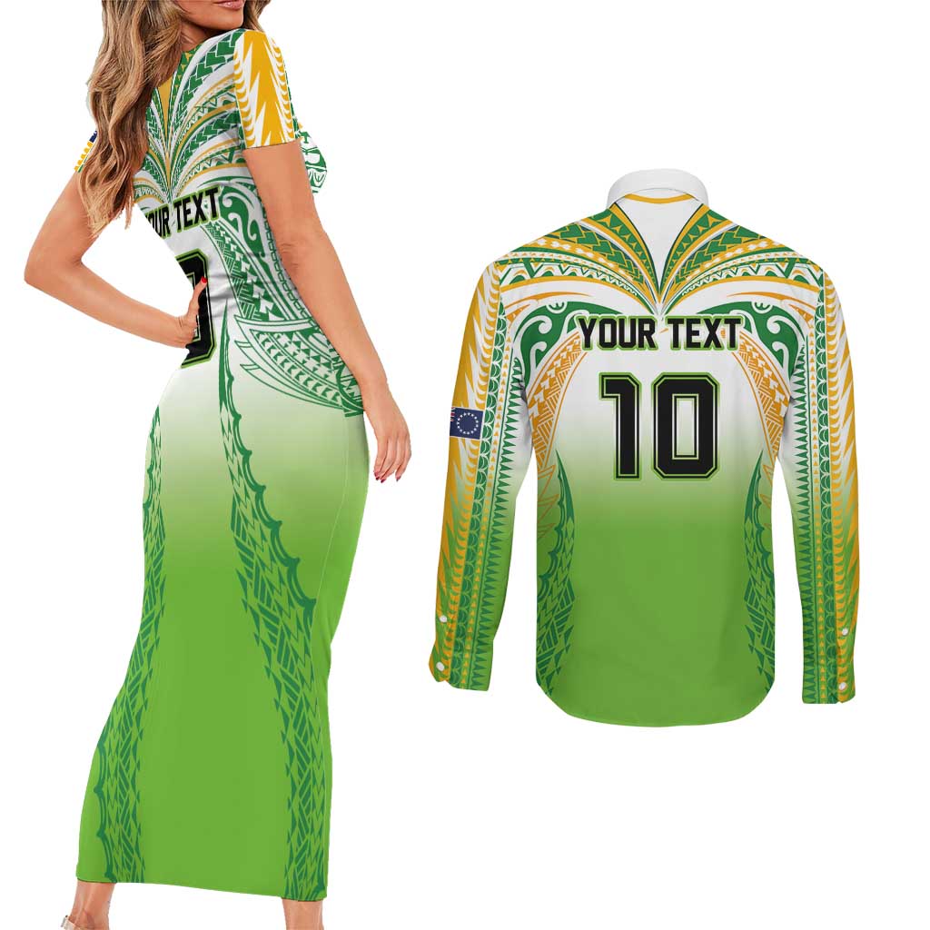 Custom Cook Islands Rugby League Couples Matching Short Sleeve Bodycon Dress and Long Sleeve Button Shirt Avaiki Tatau Tribal Motifs White Color LT03 - Polynesian Pride