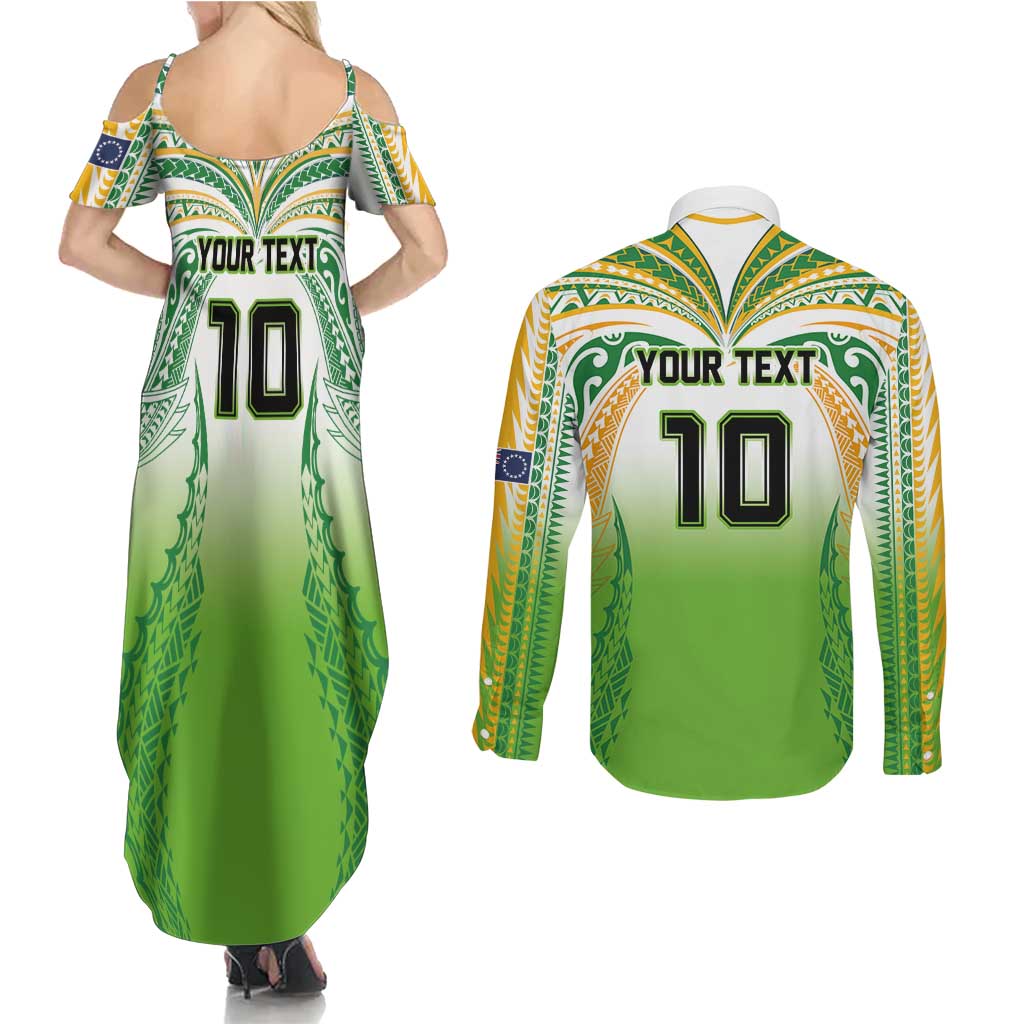 Custom Cook Islands Rugby League Couples Matching Summer Maxi Dress and Long Sleeve Button Shirt Avaiki Tatau Tribal Motifs White Color LT03 - Polynesian Pride