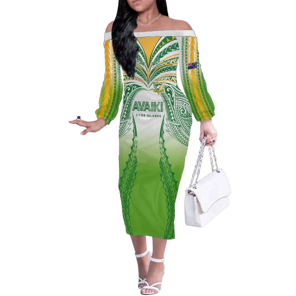Custom Cook Islands Rugby League Family Matching Off The Shoulder Long Sleeve Dress and Hawaiian Shirt Avaiki Tatau Tribal Motifs White Color LT03 Mom's Dress White - Polynesian Pride