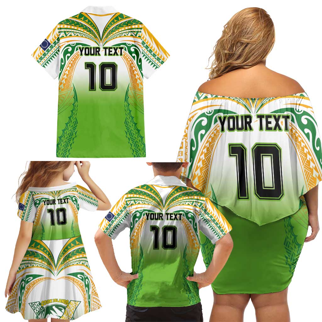 Custom Cook Islands Rugby League Family Matching Off Shoulder Short Dress and Hawaiian Shirt Avaiki Tatau Tribal Motifs White Color LT03 - Polynesian Pride