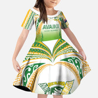 Custom Cook Islands Rugby League Family Matching Puletasi and Hawaiian Shirt Avaiki Tatau Tribal Motifs White Color LT03 Daughter's Dress White - Polynesian Pride