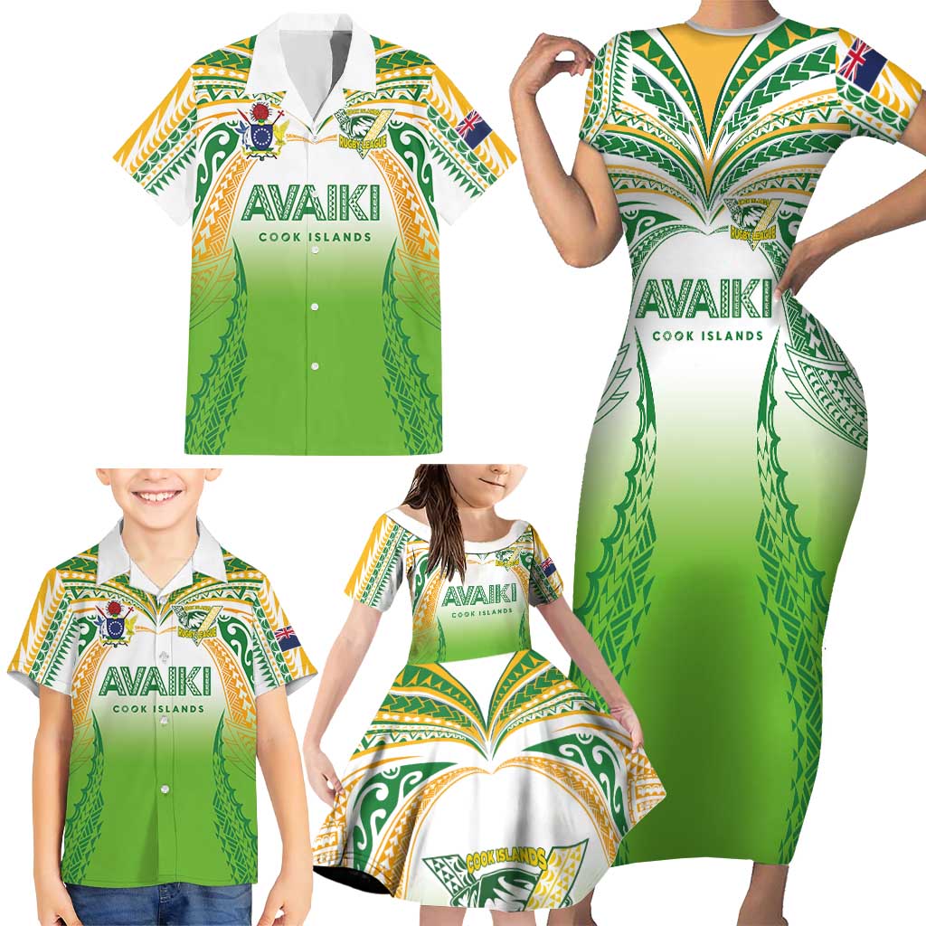 Custom Cook Islands Rugby League Family Matching Short Sleeve Bodycon Dress and Hawaiian Shirt Avaiki Tatau Tribal Motifs White Color LT03 - Polynesian Pride