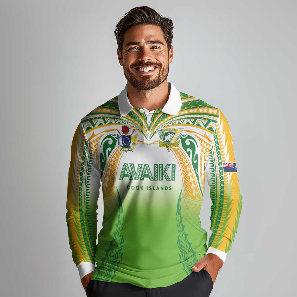 Custom Cook Islands Rugby League Long Sleeve Polo Shirt Avaiki Tatau Tribal Motifs White Color LT03 - Polynesian Pride