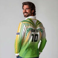 Custom Cook Islands Rugby League Long Sleeve Polo Shirt Avaiki Tatau Tribal Motifs White Color LT03 - Polynesian Pride
