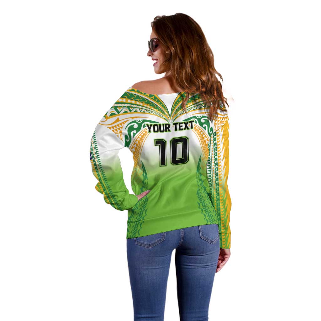Custom Cook Islands Rugby League Off Shoulder Sweater Avaiki Tatau Tribal Motifs White Color - Polynesian Pride