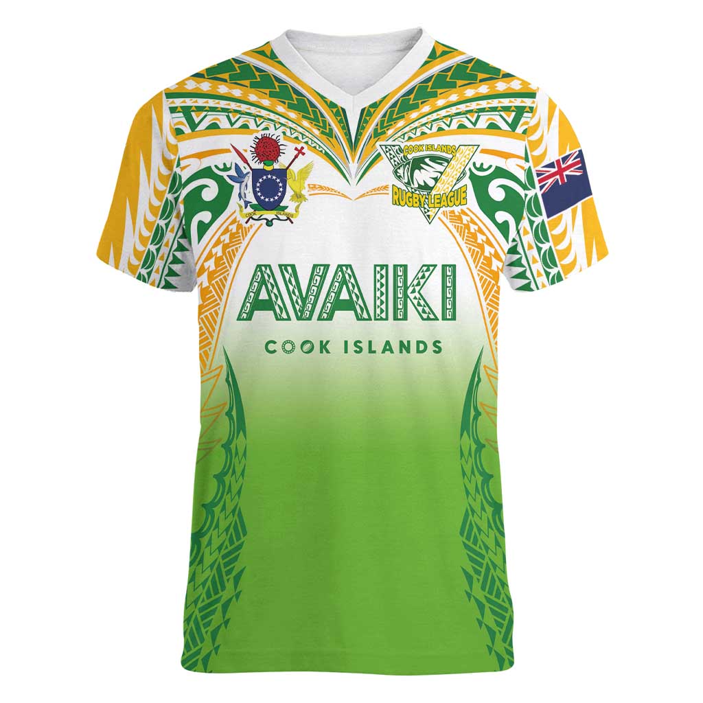 Custom Cook Islands Rugby League Women V-Neck T-Shirt Avaiki Tatau Tribal Motifs White Color - Polynesian Pride