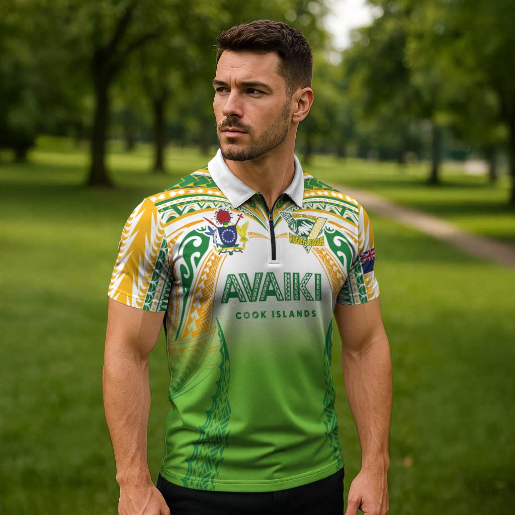 Custom Cook Islands Rugby League Zipper Polo Shirt Avaiki Tatau Tribal Motifs White Color LT03 - Polynesian Pride