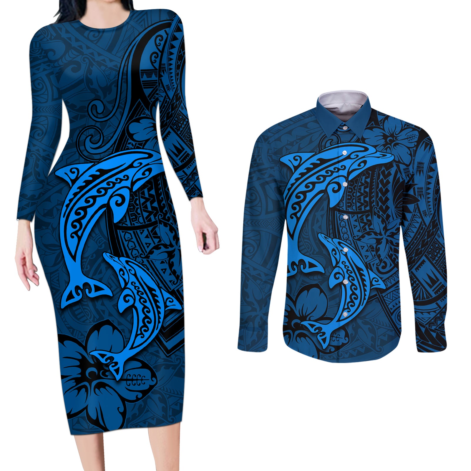 Polynesian Dolphin Valentine Day Couples Matching Long Sleeve Bodycon Dress and Long Sleeve Button Shirt Hibiscus and Tribal Tattoo Blue Style LT03 Blue - Polynesian Pride