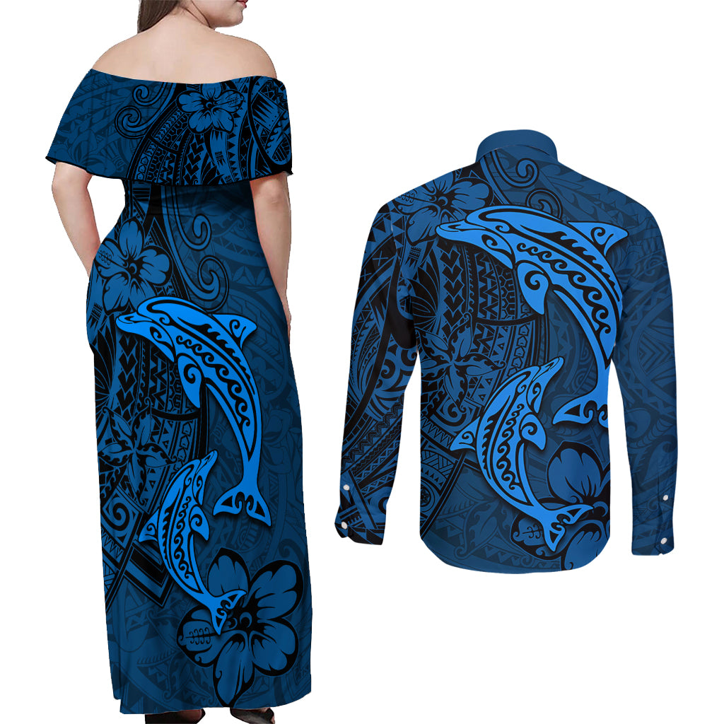 Polynesian Dolphin Valentine Day Couples Matching Off Shoulder Maxi Dress and Long Sleeve Button Shirt Hibiscus and Tribal Tattoo Blue Style LT03 - Polynesian Pride