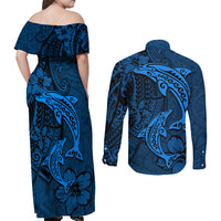 Polynesian Dolphin Valentine Day Couples Matching Off Shoulder Maxi Dress and Long Sleeve Button Shirt Hibiscus and Tribal Tattoo Blue Style LT03 - Polynesian Pride