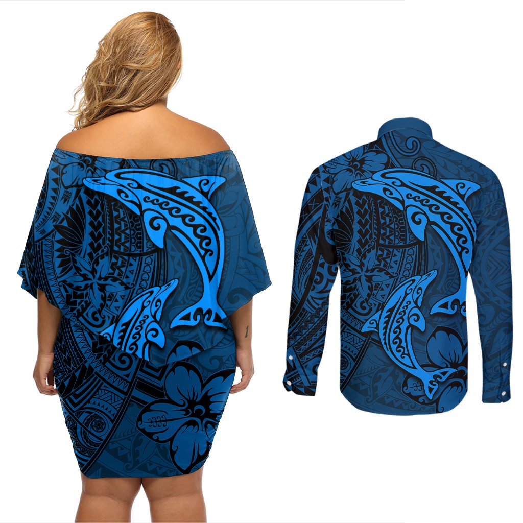 Polynesian Dolphin Valentine Day Couples Matching Off Shoulder Short Dress and Long Sleeve Button Shirt Hibiscus and Tribal Tattoo Blue Style LT03 - Polynesian Pride
