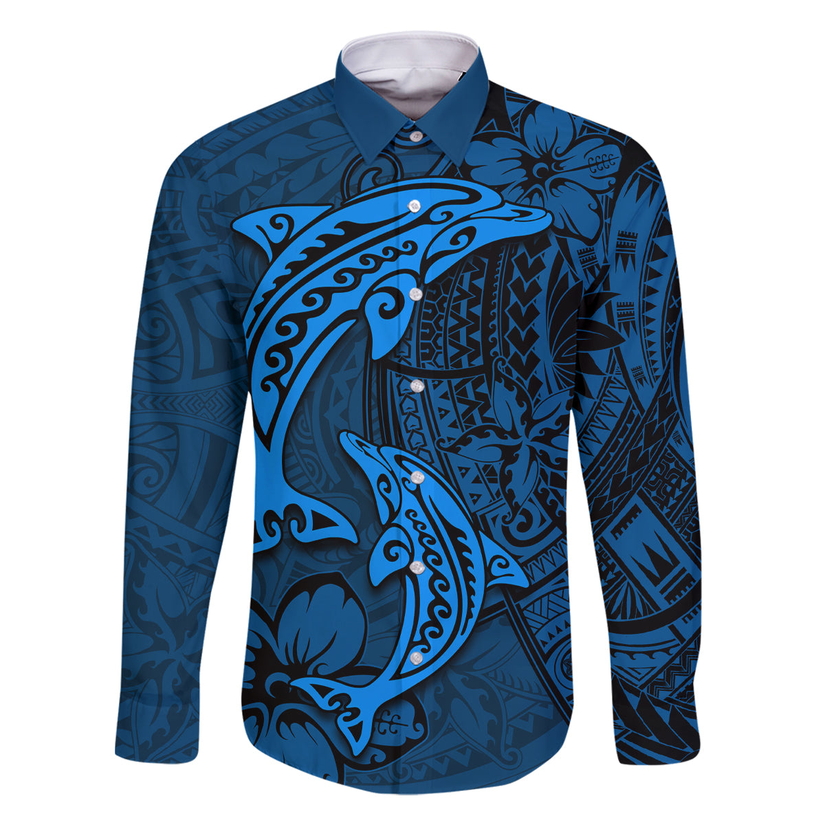 Polynesian Dolphin Valentine Day Family Matching Long Sleeve Bodycon Dress and Hawaiian Shirt Hibiscus and Tribal Tattoo Blue Style LT03 Dad's Shirt - Long Sleeve Blue - Polynesian Pride