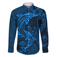Polynesian Dolphin Valentine Day Family Matching Long Sleeve Bodycon Dress and Hawaiian Shirt Hibiscus and Tribal Tattoo Blue Style LT03 Dad's Shirt - Long Sleeve Blue - Polynesian Pride