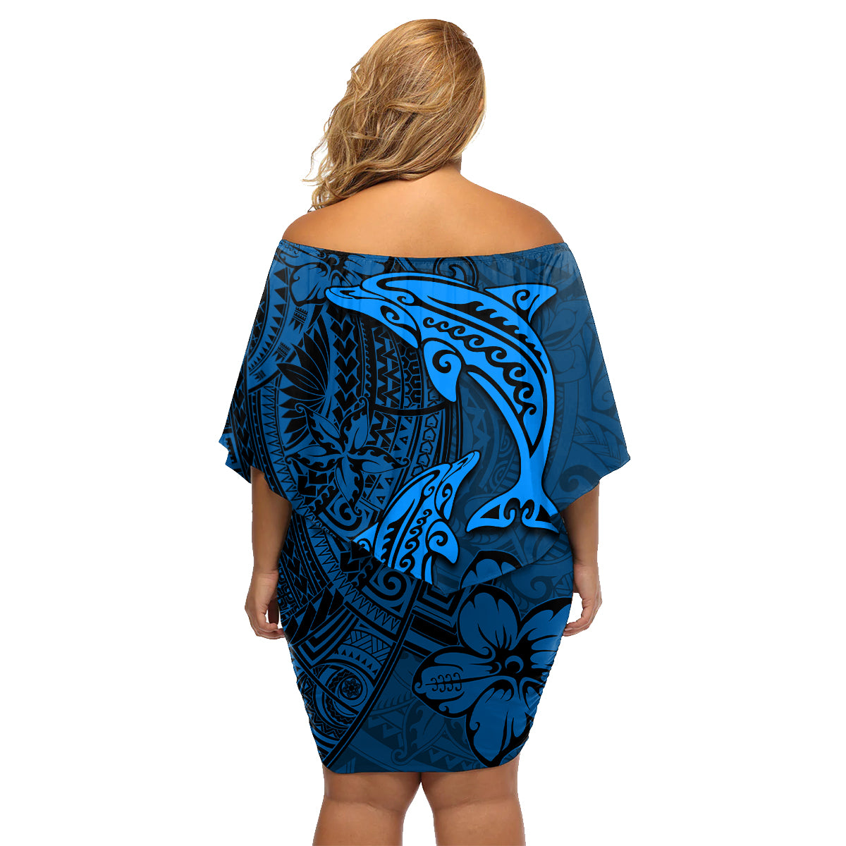 Polynesian Dolphin Valentine Day Family Matching Off Shoulder Short Dress and Hawaiian Shirt Hibiscus and Tribal Tattoo Blue Style LT03 - Polynesian Pride