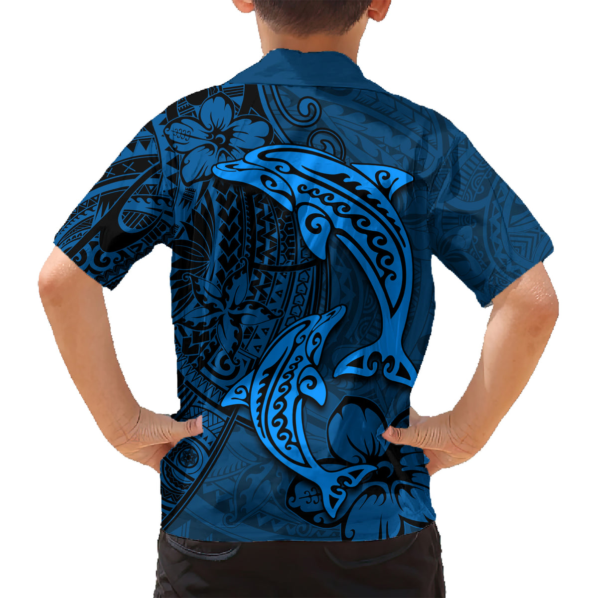 Polynesian Dolphin Valentine Day Kid Hawaiian Shirt Hibiscus and Tribal Tattoo Blue Style LT03 - Polynesian Pride