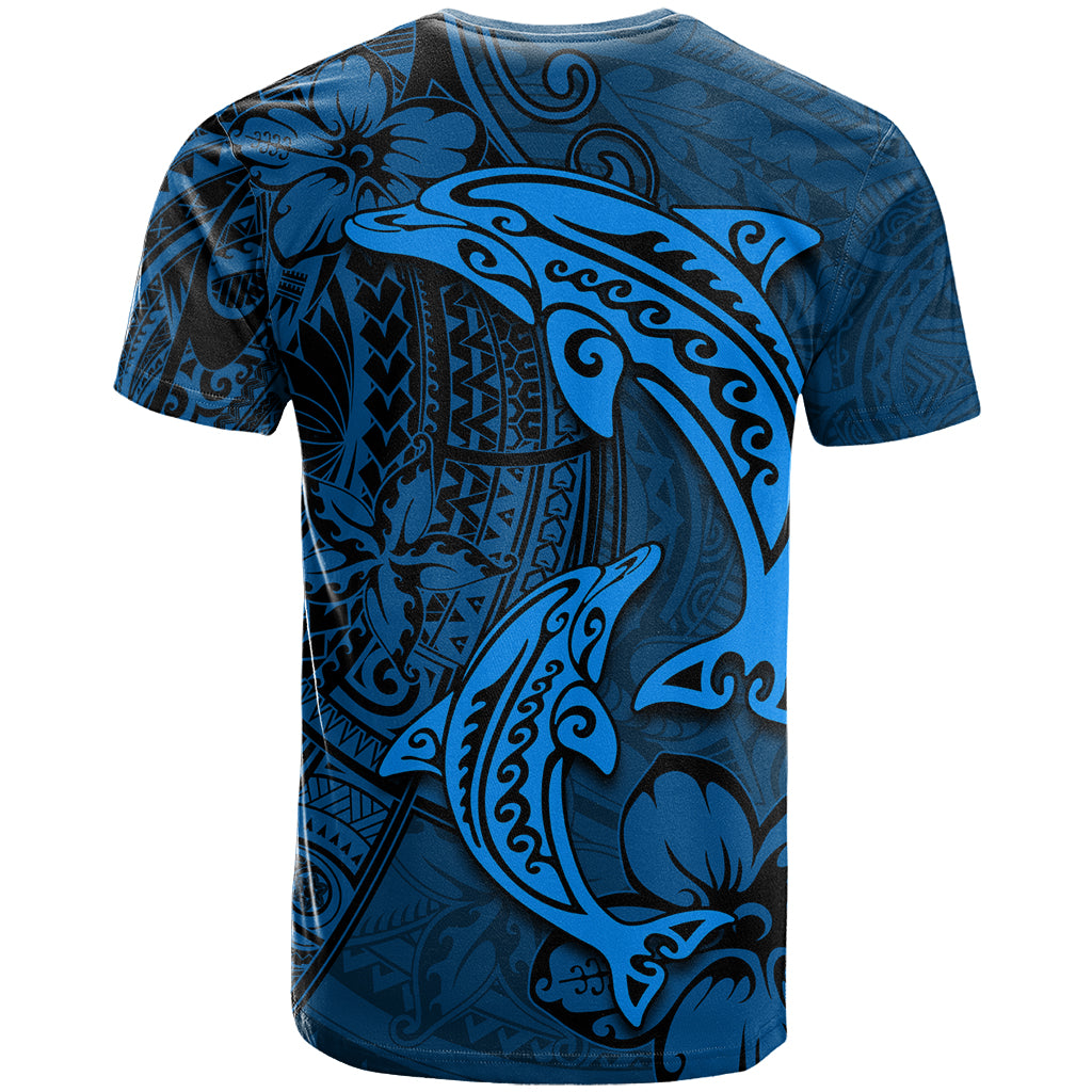 Polynesian Dolphin Valentine Day T Shirt Hibiscus and Tribal Tattoo Blue Style LT03 - Polynesian Pride