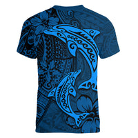Polynesian Dolphin Valentine Day Women V Neck T Shirt Hibiscus and Tribal Tattoo Blue Style LT03 - Polynesian Pride