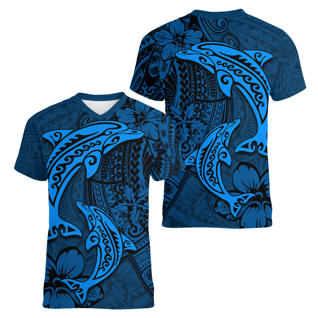 Polynesian Dolphin Valentine Day Women V Neck T Shirt Hibiscus and Tribal Tattoo Blue Style LT03 - Polynesian Pride