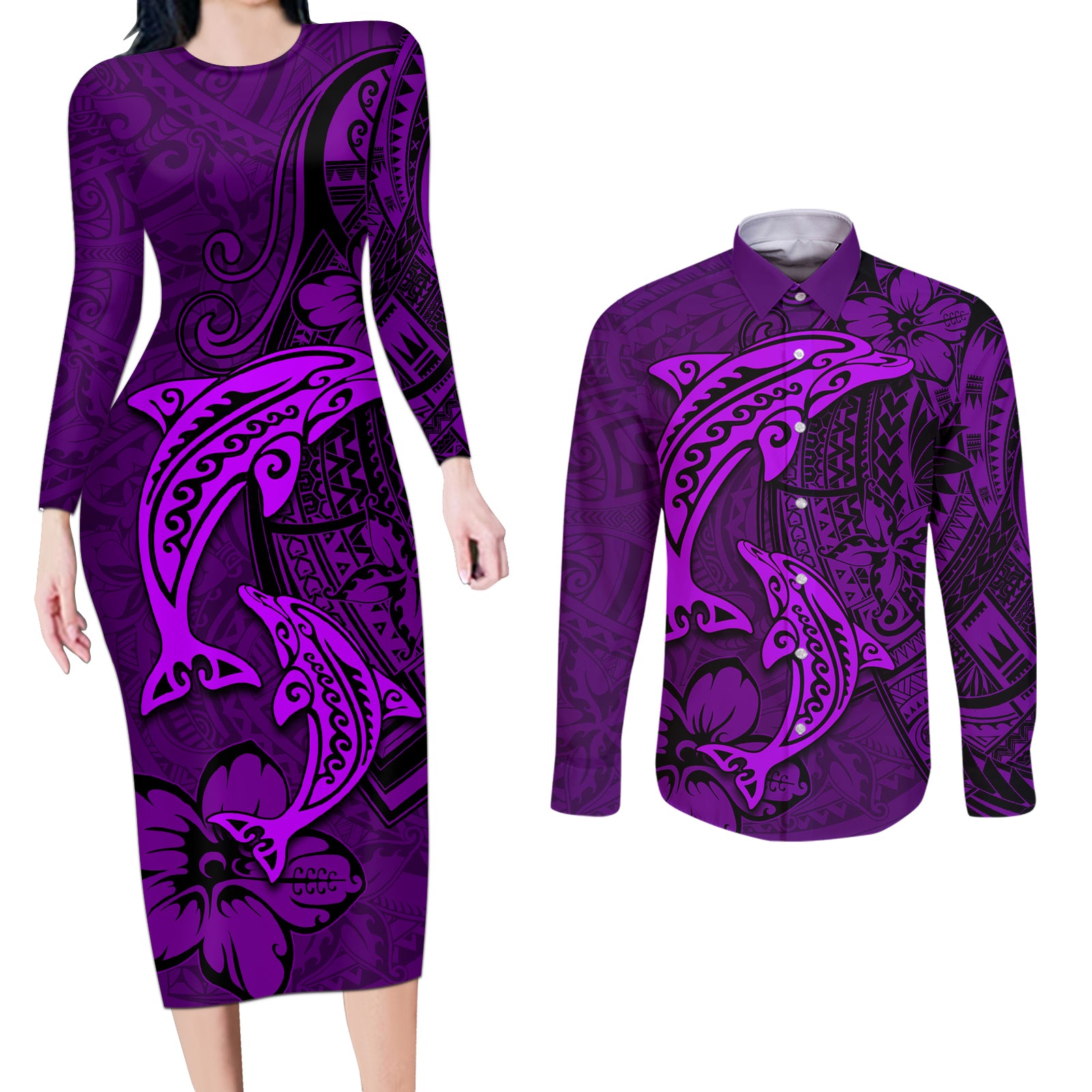 Polynesian Dolphin Valentine Day Couples Matching Long Sleeve Bodycon Dress and Long Sleeve Button Shirt Hibiscus and Tribal Tattoo Purple Style LT03 Purple - Polynesian Pride
