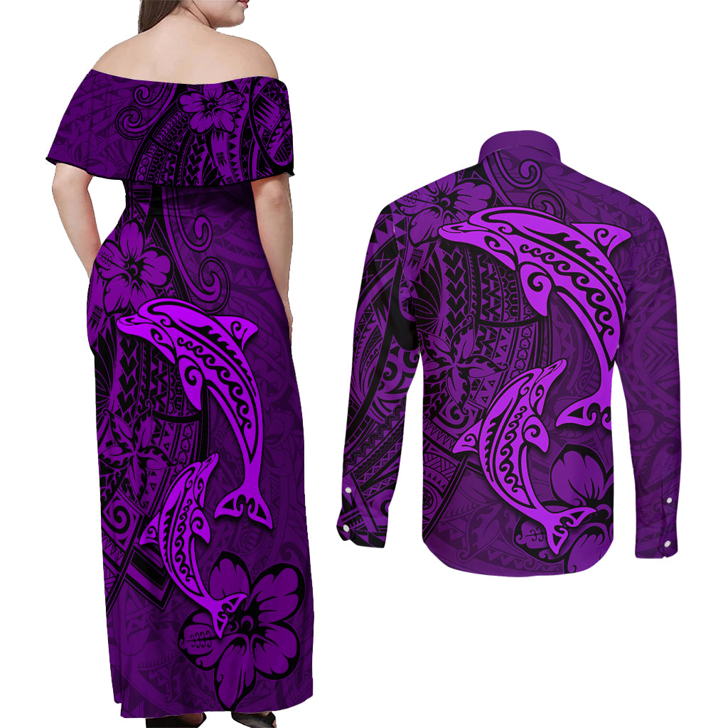 Polynesian Dolphin Valentine Day Couples Matching Off Shoulder Maxi Dress and Long Sleeve Button Shirt Hibiscus and Tribal Tattoo Purple Style LT03 - Polynesian Pride