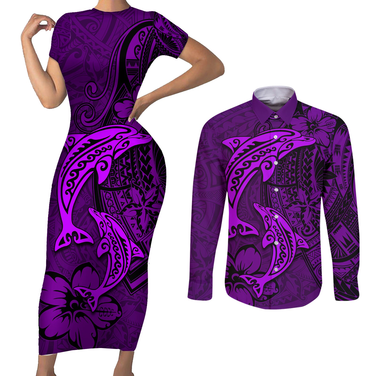 Polynesian Dolphin Valentine Day Couples Matching Short Sleeve Bodycon Dress and Long Sleeve Button Shirt Hibiscus and Tribal Tattoo Purple Style LT03 Purple - Polynesian Pride