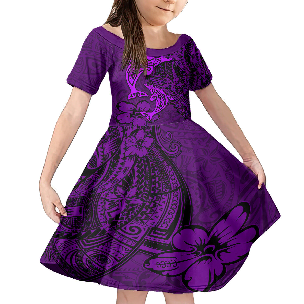 Polynesian Dolphin Valentine Day Family Matching Off Shoulder Long Sleeve Dress and Hawaiian Shirt Hibiscus and Tribal Tattoo Purple Style LT03 Daughter's Dress Purple - Polynesian Pride
