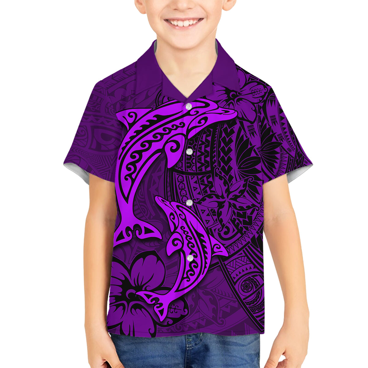 Polynesian Dolphin Valentine Day Family Matching Off Shoulder Maxi Dress and Hawaiian Shirt Hibiscus and Tribal Tattoo Purple Style LT03 Son's Shirt Purple - Polynesian Pride