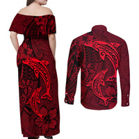 Polynesian Dolphin Valentine Day Couples Matching Off Shoulder Maxi Dress and Long Sleeve Button Shirt Hibiscus and Tribal Tattoo Red Style LT03 - Polynesian Pride