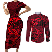 Polynesian Dolphin Valentine Day Couples Matching Short Sleeve Bodycon Dress and Long Sleeve Button Shirt Hibiscus and Tribal Tattoo Red Style LT03 Red - Polynesian Pride