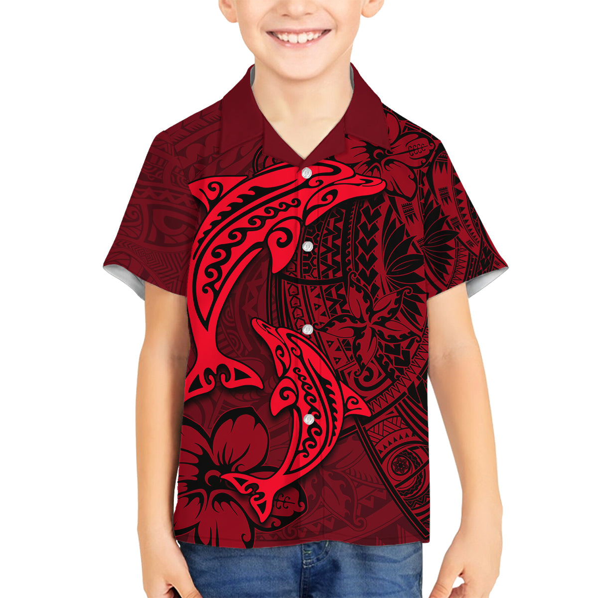 Polynesian Dolphin Valentine Day Family Matching Off Shoulder Maxi Dress and Hawaiian Shirt Hibiscus and Tribal Tattoo Red Style LT03 Son's Shirt Red - Polynesian Pride