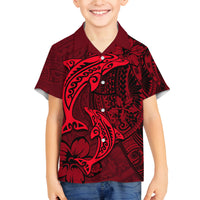 Polynesian Dolphin Valentine Day Family Matching Off Shoulder Maxi Dress and Hawaiian Shirt Hibiscus and Tribal Tattoo Red Style LT03 Son's Shirt Red - Polynesian Pride