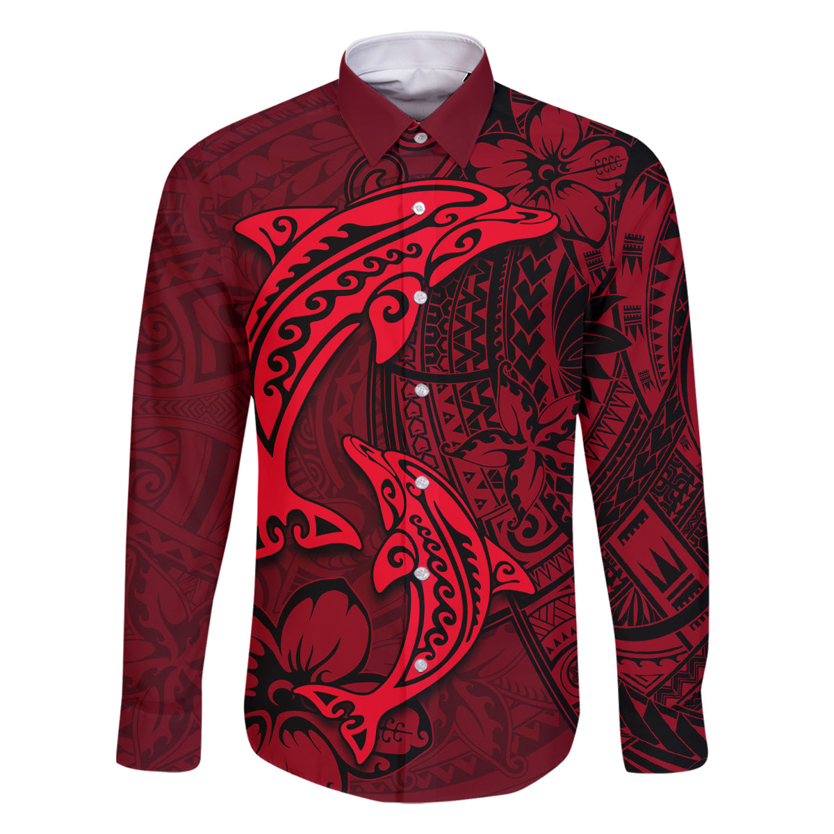Polynesian Dolphin Valentine Day Family Matching Off Shoulder Short Dress and Hawaiian Shirt Hibiscus and Tribal Tattoo Red Style LT03 Dad's Shirt - Long Sleeve Red - Polynesian Pride