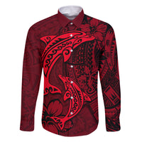 Polynesian Dolphin Valentine Day Family Matching Off Shoulder Short Dress and Hawaiian Shirt Hibiscus and Tribal Tattoo Red Style LT03 Dad's Shirt - Long Sleeve Red - Polynesian Pride